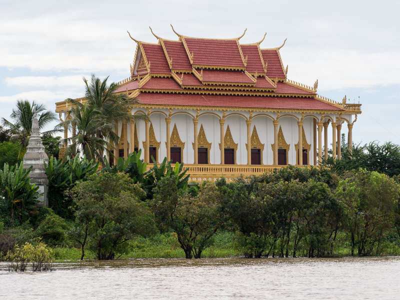 The pagoda is built on ground just high enough to stay dry