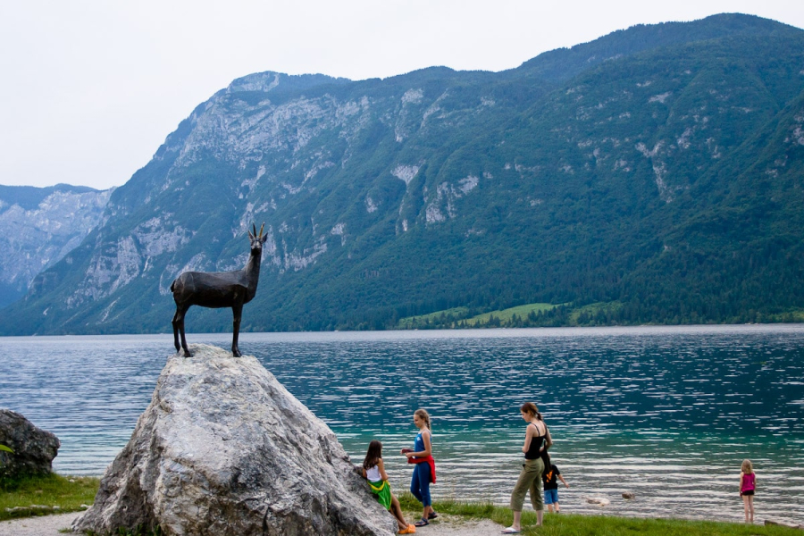 Statue of Zlatorog, the mythical golden-horned chamois said to have created the lake