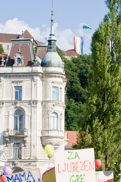 A pride banner unfurled on the castle tower