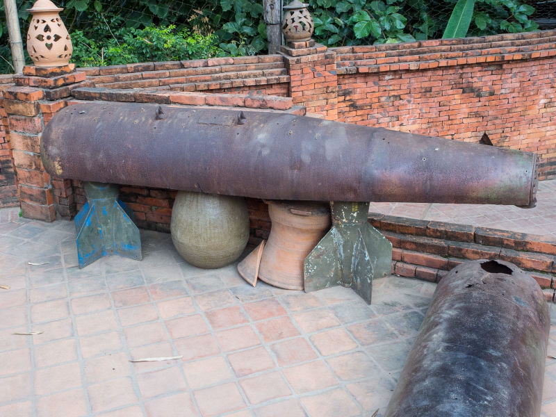 Parts of old bombs dropped on Laos in the 1960s or 1970s, used as decorations at an outdoor cafe