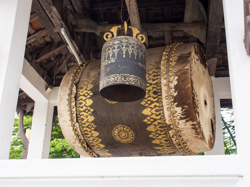 A traditional metal bell and wooden drum used to call the monks to prayer