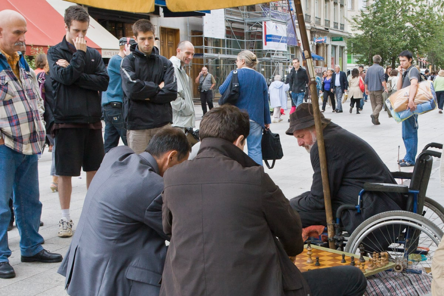 This homeless man intrigued us, with his chess games . . .