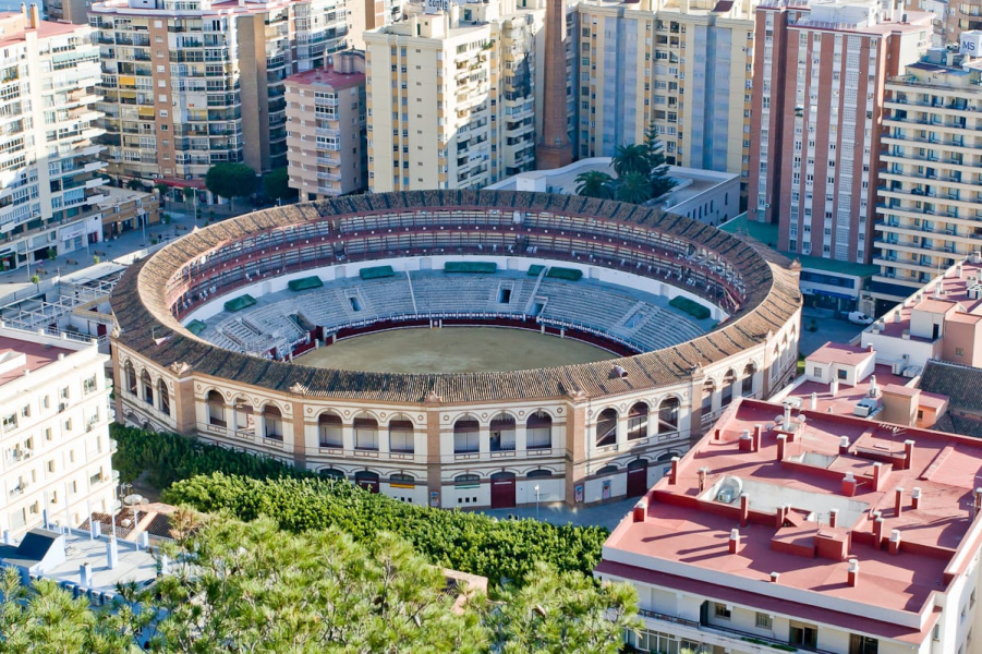 Malaga'a Plaza de Los Toros (bull-fighting arena) as seen from the Gibralfaro hillside.