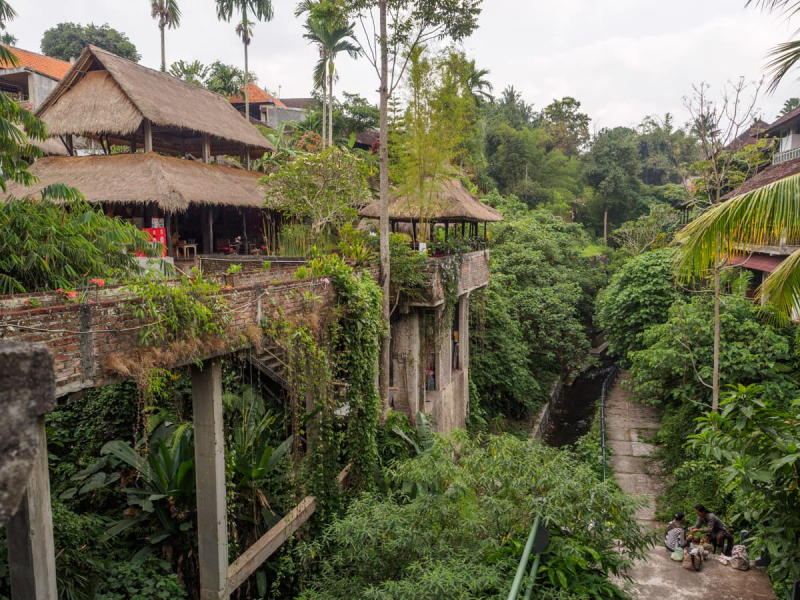 Ubud is bisected by several deep ravines; the high walkway on the left leads to a restaurant