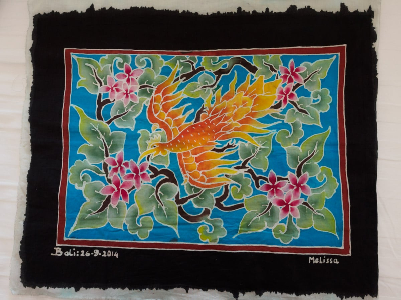 Melissa made this painting on cloth in a class about batik