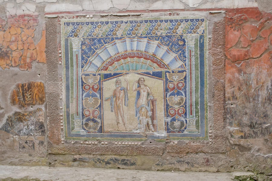 The small Roman town of Herculaneum (like nearby Pompeii) was destroyed by the eruption of Mount Vesuvius in 79 AD. Eighty years of excavations have brought the town to light, including this 2,000-year-old wall mosaic.