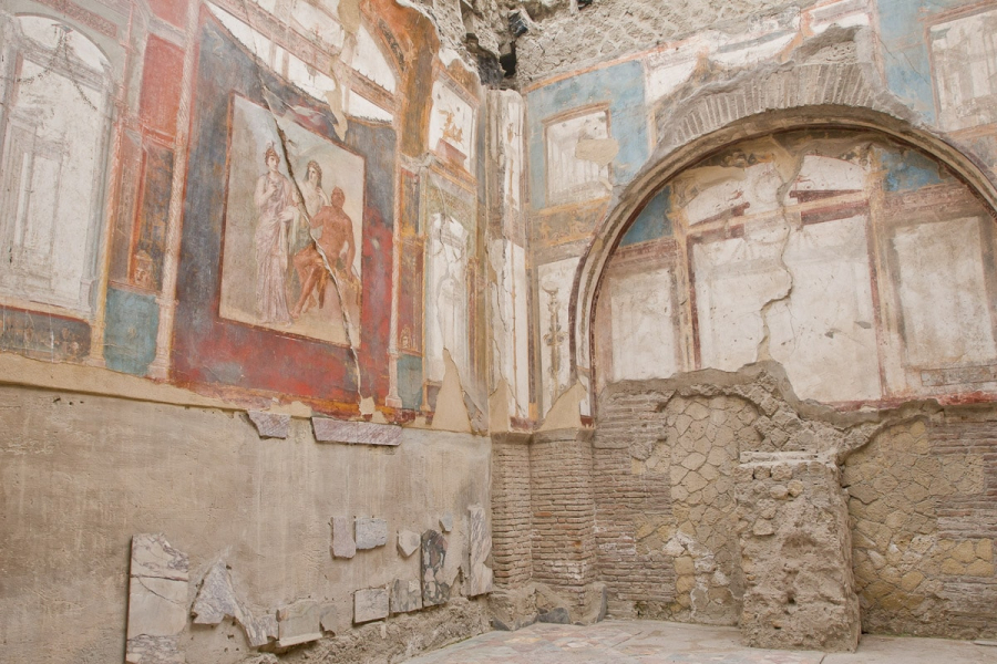 The interior of a fancy house, with fragments of wall painting on plaster