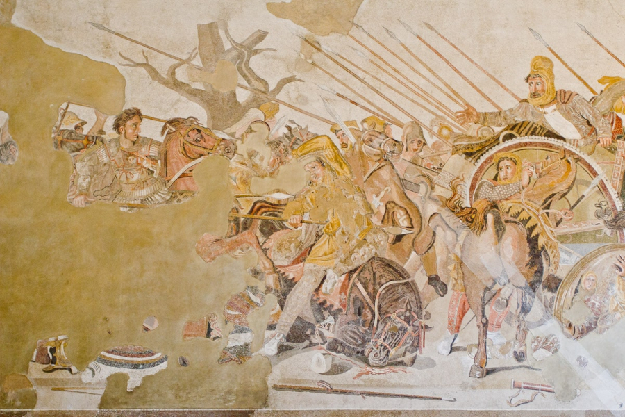Famous wall mosaic of Alexander the Great attacking Persian king Darius