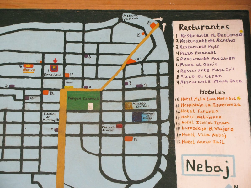The town of Nebaj in Guatemala's central highlands doesn't get a lot of tourists. This map on a wall was the closest thing to a tourist office brochure, so we took a picture of it and carried that around.