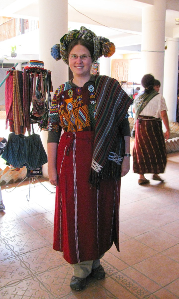 Melissa dressed by market vendors in the traditional women's clothing of Nebaj