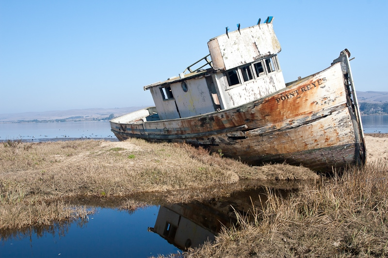Washed-up boat in Tomales Bay at Inverness