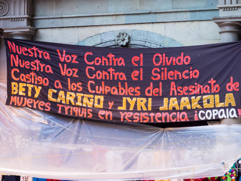Besides picturesque charm, Oaxaca has strong political currents. This banner protests the killing of two human rights workers in 2010.