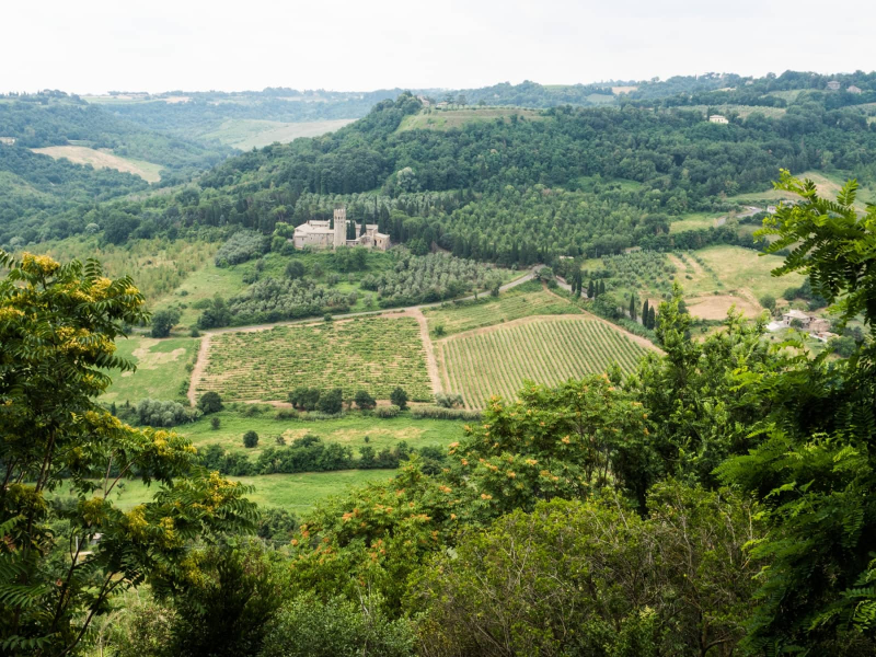 View from Orvieto of the Umbrian countryside, including a 12th-century monastery that is now a hotel