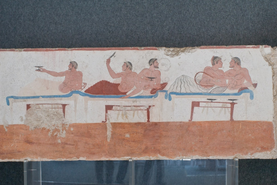A rare Greek painting (of a drinking party) from the inside of a tomb