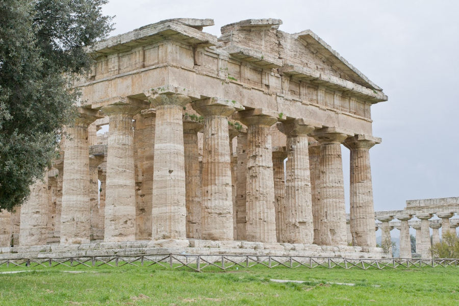 Paestum, on the southeastern coast of Italy near Salerno, was a Greek colony founded in the 6th century BC. The ruins include three large, dramatic Doric temples, considered some of the best in Europe.