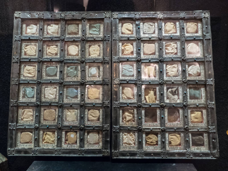 A medieval traveling reliquery, full of saints' relics acquired on the owner's travels