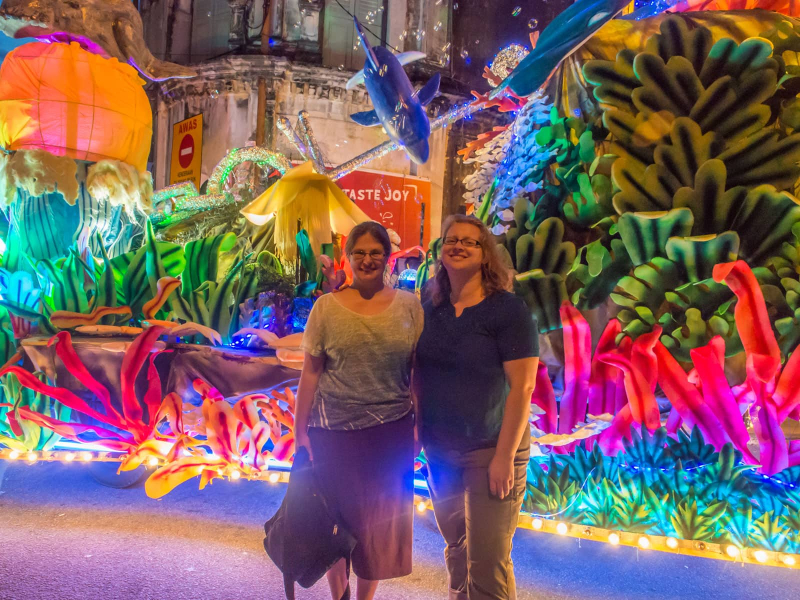 Melissa and Robin at a night-time festival on Armenian Street, home to some of the city's most famous street art