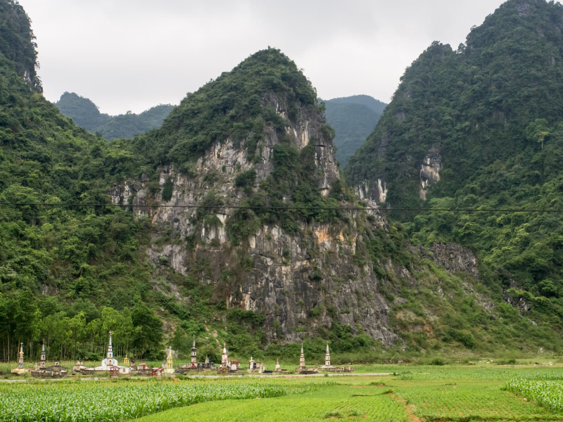 A Christian cemetery at the foot of the karst hills (Christian churches are more common in this area than in other parts of Vietnam we visited)