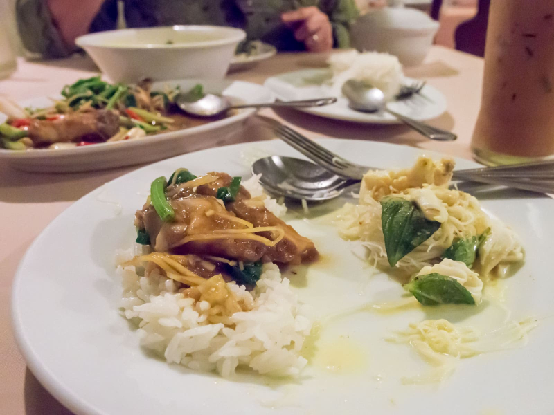 We had a delicious dinner of ginger pork (left) and crab in coconut curry