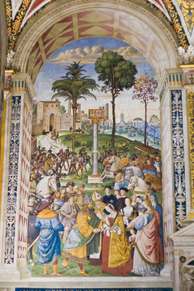 The Piccolomini Library, part of the cathedral in Siena, is covered in frescos painted by Pinturicchio