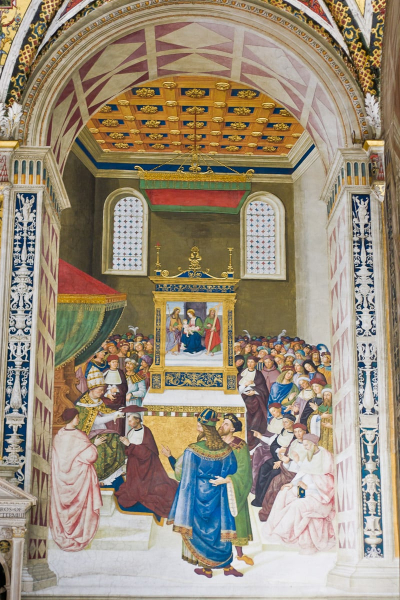 The frescoes depict the life of Pope Pius II, a native of Siena