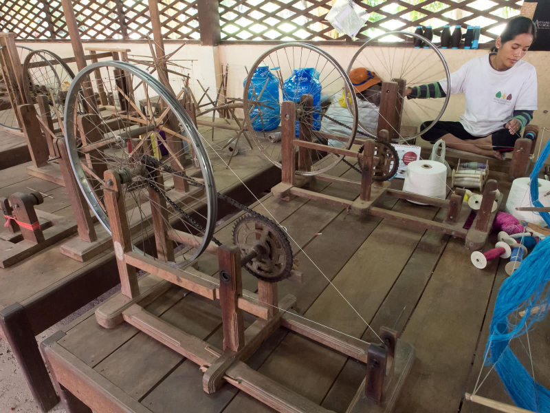 Old bike tires repurposed as machines for winding threads onto bobbins