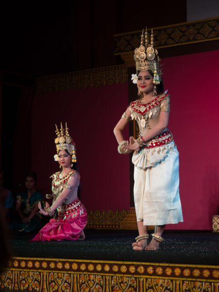 Modern apsara dancers recreating the dances shown in carvings at Angkor Wat