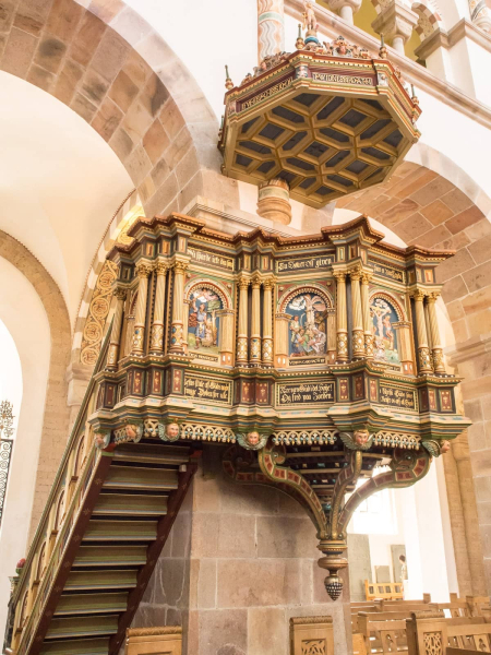 The elaborately carved and painted main pulpit