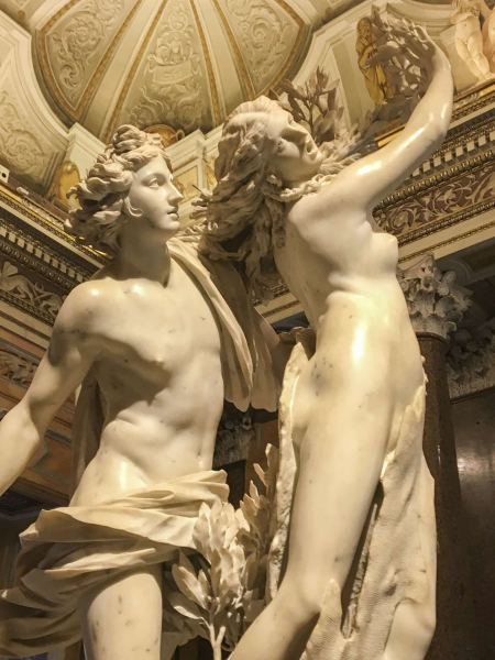 Bernini's statue of Apollo pursing Daphne, who changes into an oak tree