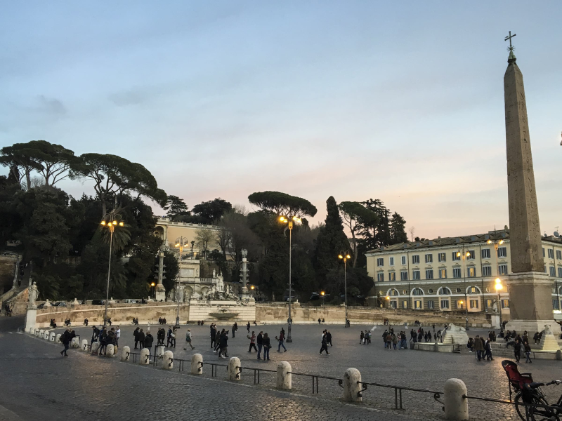 Stone pines and another ancient Egyptian obelisk in the stately Piazza del Popolo