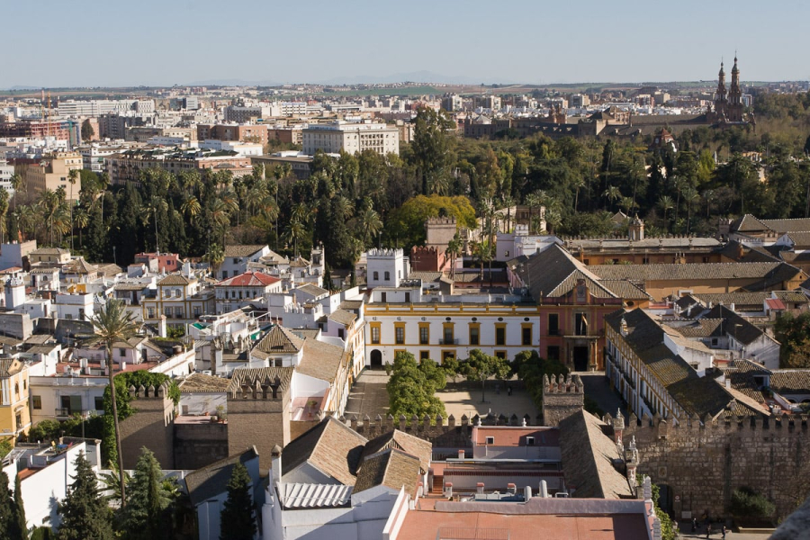 View over the Alcazar, the walled Moorish fortress that was later the palace of Seville's kings