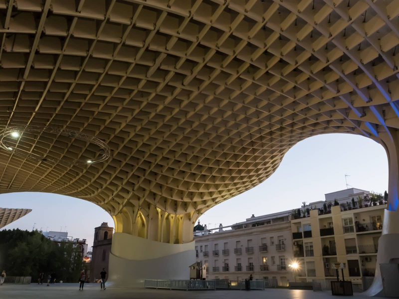 The Metropol Parasol, a large plaza with a modern wooden cover nicknamed "the Waffle"
