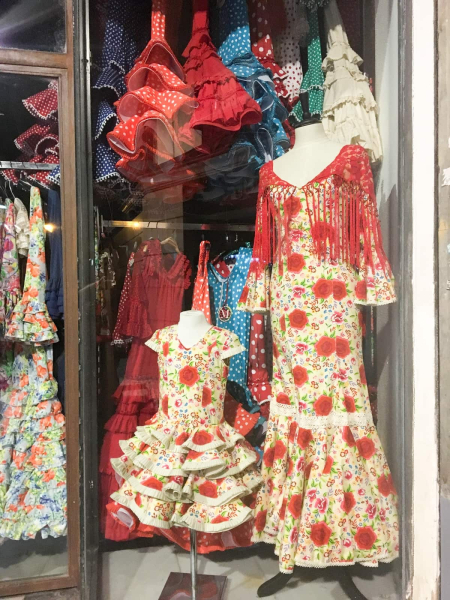 Flamenco-style dresses on sale for the Seville Feria, the city's grand spring fair