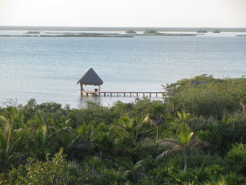 A dock in a lagoon in the Sian Ka'an Biosphere Reserve, a protected area of lagoons, coastline, mangrove marshes, and forest that stretches more than 100km south from Tulum