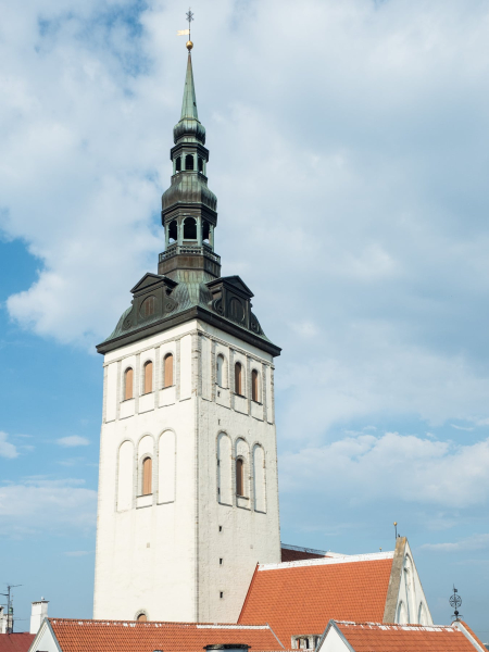 The spire on the 13th-century Church of St. Nicholas was rebuilt after being bombed by the Soviets in WWII.