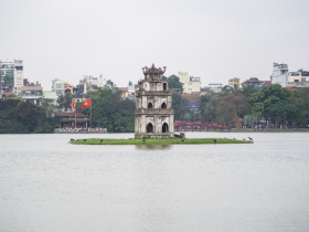 An old pagoda in the middle of Hoan Kiem Lake, a popular park in the old quarter of Hanoi