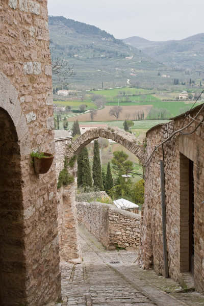 Typical Umbria: medieval towns of beige-pink stone sit on hills above rich green farmland, with mountains in the distance