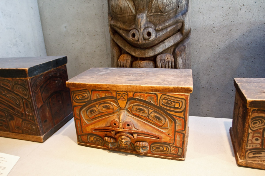 Carved bentwood boxes at the Museum of Anthropology (so-named because the sides are made from a single piece of wood steamed and bent to form four sides)