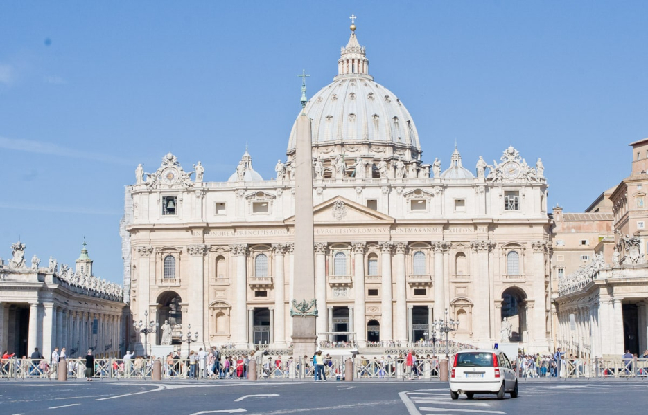 St. Peter's Basilica, seat of the Roman Catholic Church, dominates tiny Vatican City. There are also office buildings, papal apartments, an ancient Egyptian obelisk, and vast museums.