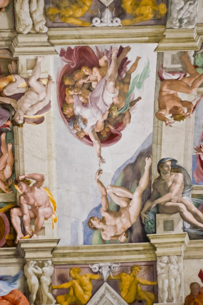 The most famous panel of Michaelangelo's 1508 frescoes on the ceiling of the Sistine Chapel