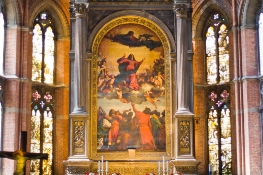 Alterpiece by Titian in the church of Santa Maria Gloriosa dei Frari (and some of the only stained glass windows we saw in Venice)