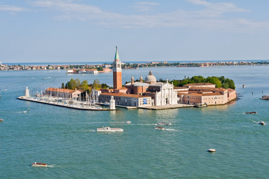 The Venetian Lagoon contains hundreds of islands, large and small. This is the island of San Giorgio Maggiore, with Lido island in the background.