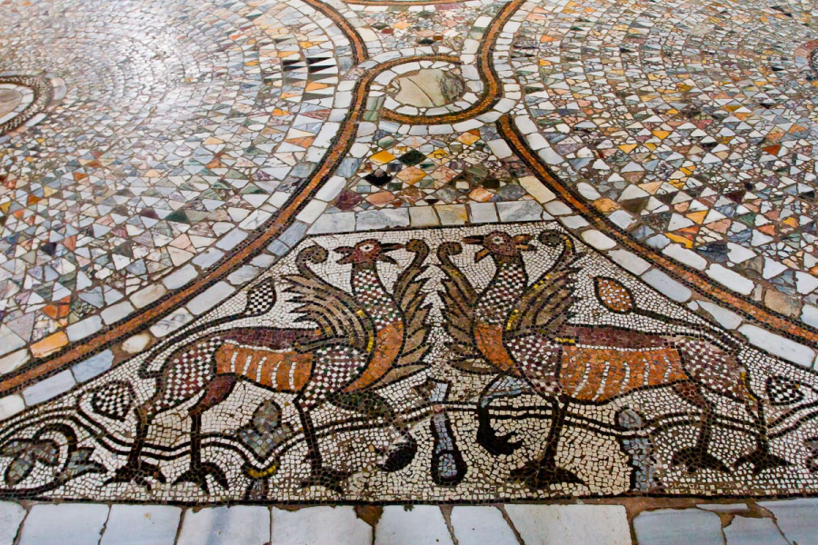 A 12th-century mosaic floor in the Church of Santi Maria e Donato on the glassmakers' island of Murano.