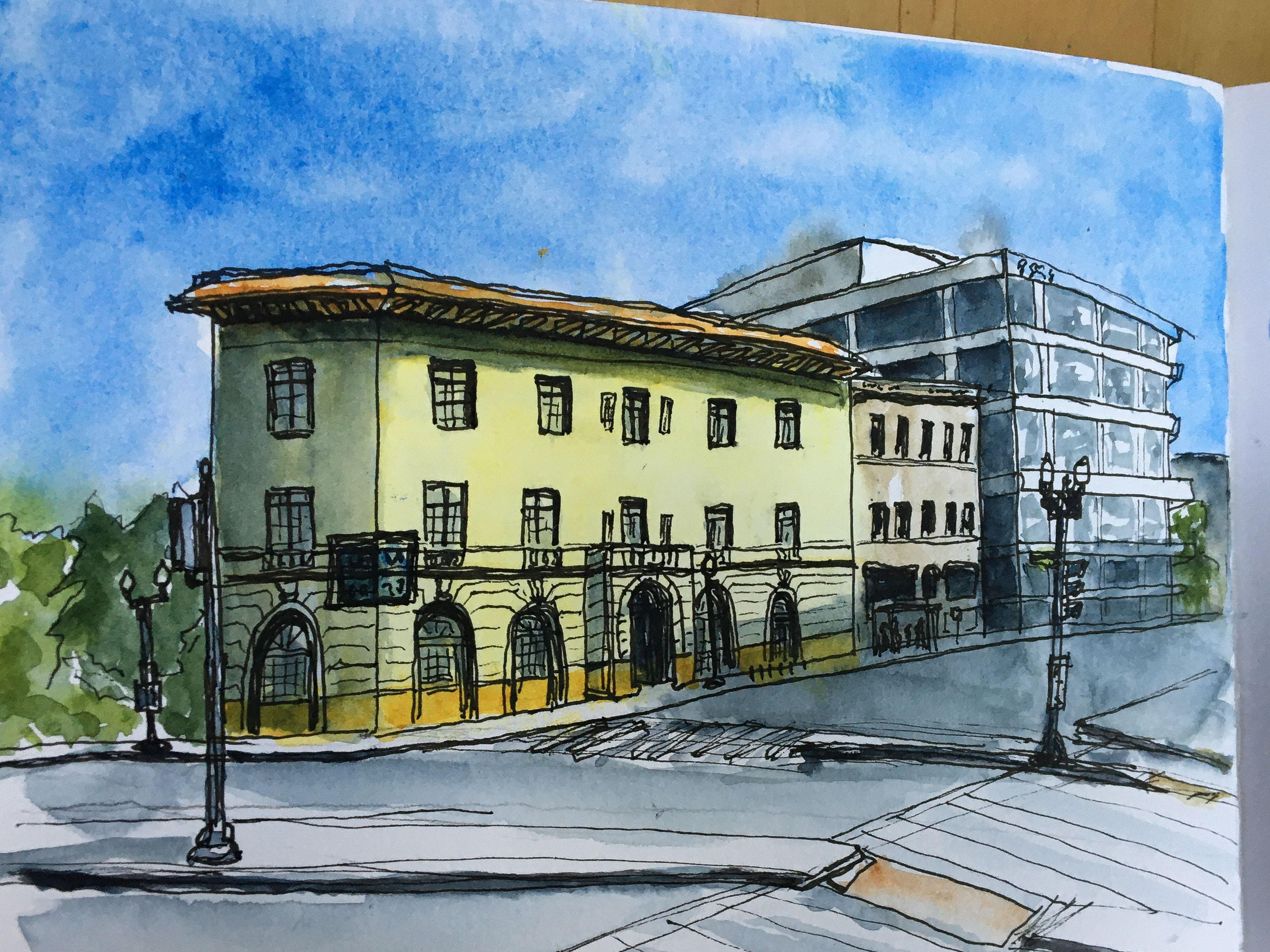 Watercolor of two buildings in Washington DC