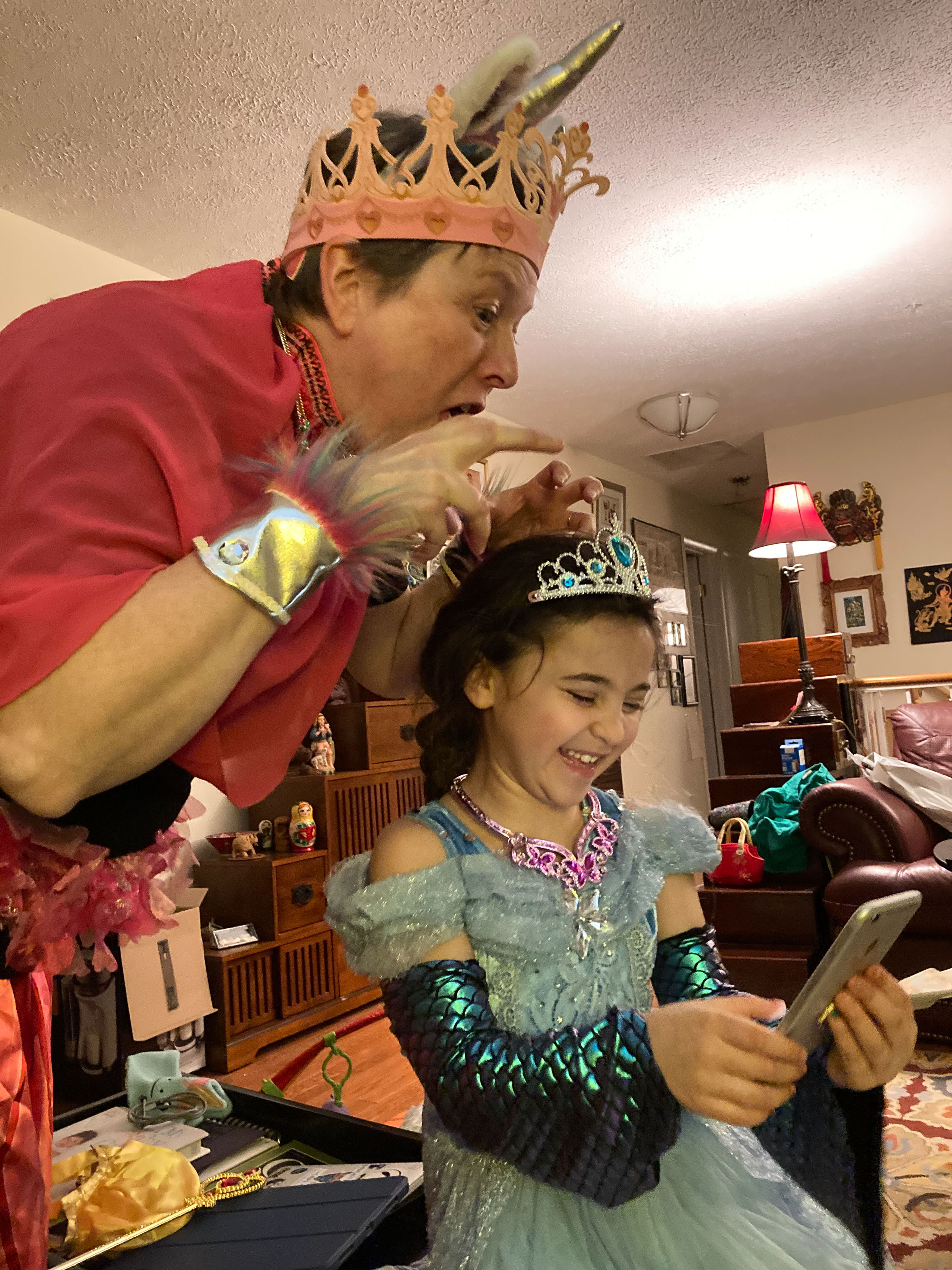 Chris and Francesca make silly faces in costume