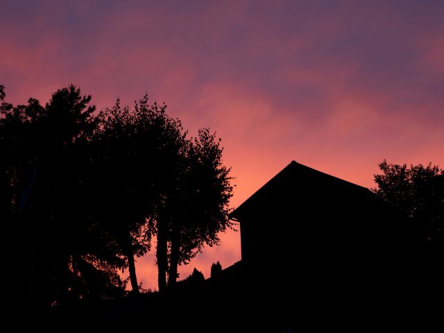 Pink and purple sunset over silhouette of trees and house