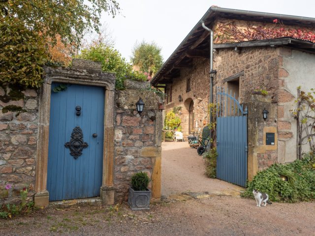 Blue door in wall and open gate to house courtyard