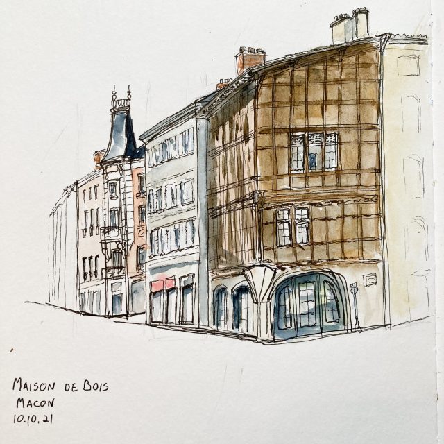 Watercolor of old houses in Marcigny