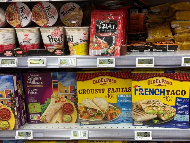 Grocery store shelf with Old El Paso French Taco Kit