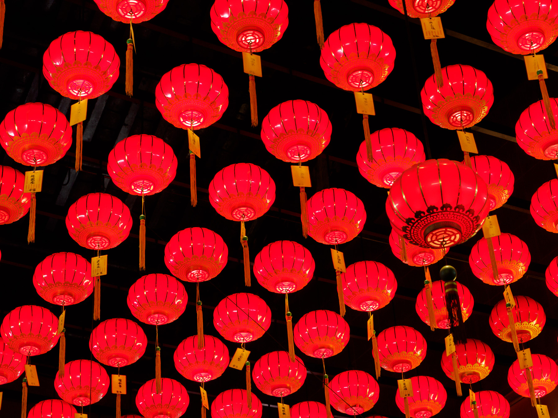 Red lanterns decorating a Chinese temple in Georgetown, Penang, for Chinese New Year